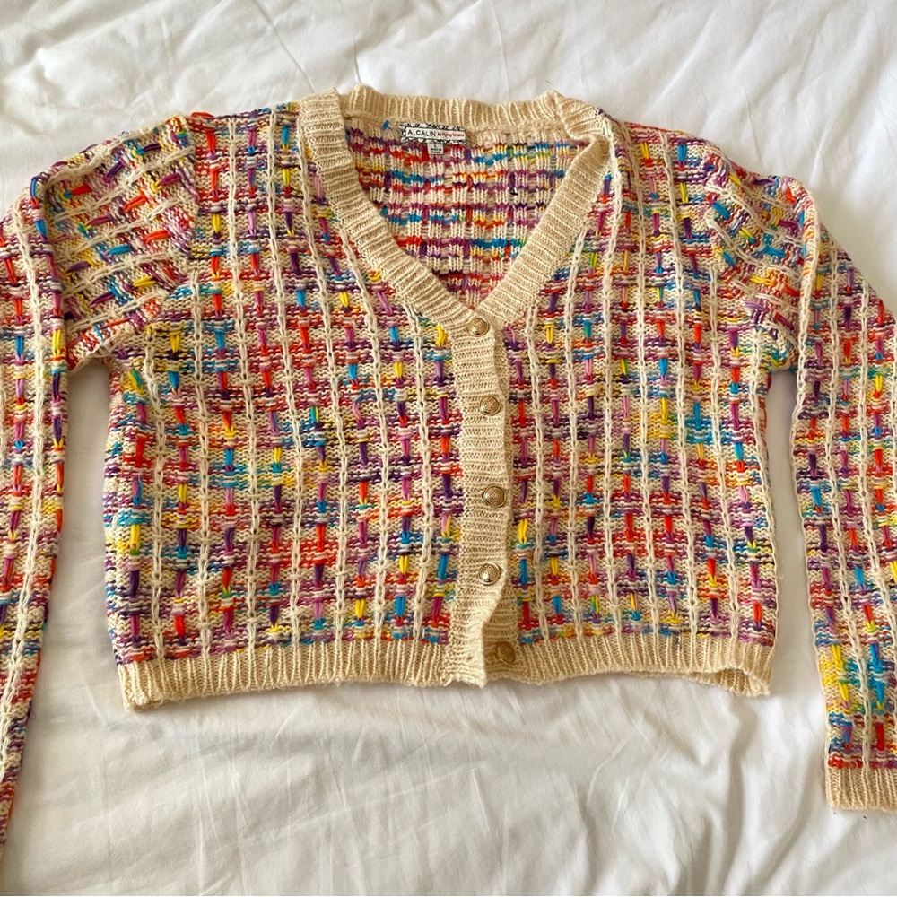 Multicolor Tweed & Gold Metallic Knit Cardigan/ Vintage 1990s Size L